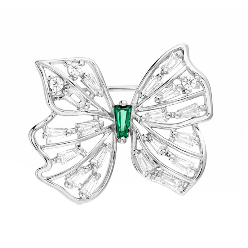 Broszka srebrna z motylem i cyrkoniami białymi i zielonymi, próba 925