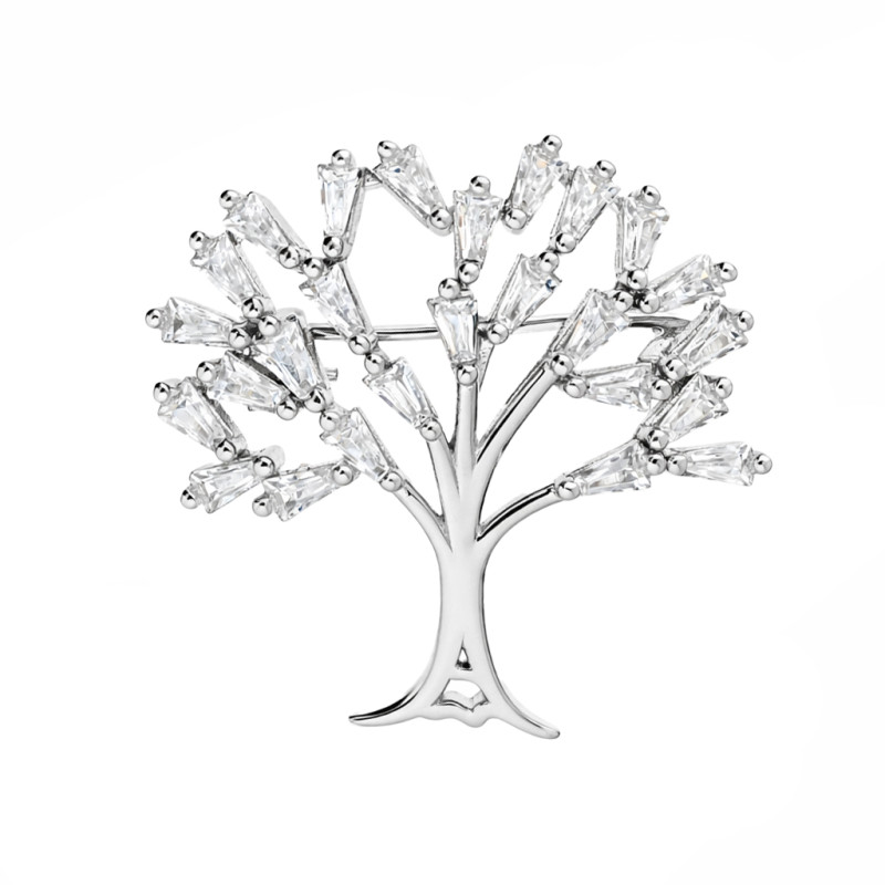 Broszka drzewko szczęścia z cyrkoniami białymi, srebro 925