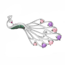 Broszka srebrna paw z cyrkoniami kolorowymi, próba 925