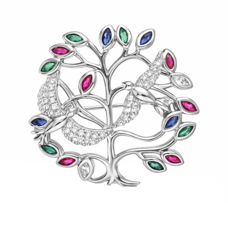 Broszka srebrna drzewo z kolorowymi cyrkoniami i ptakami, próba 925