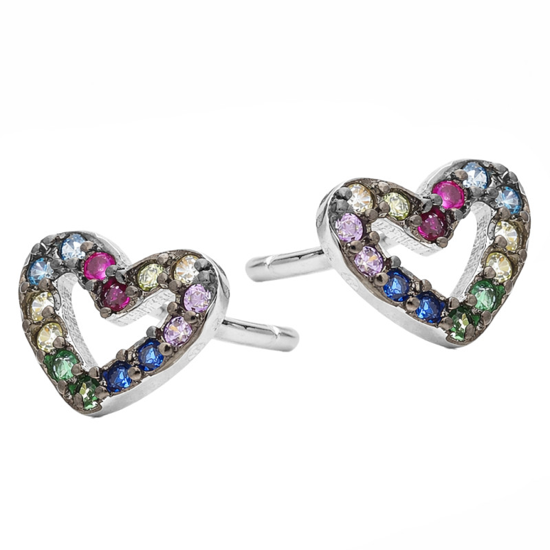 Kolczyki serce ramka z kolorowymi cyrkoniami, srebro 925