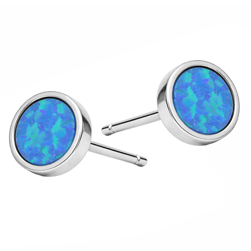 Kolczyki kółka z opalem niebieskim jubilerskim, srebro 925