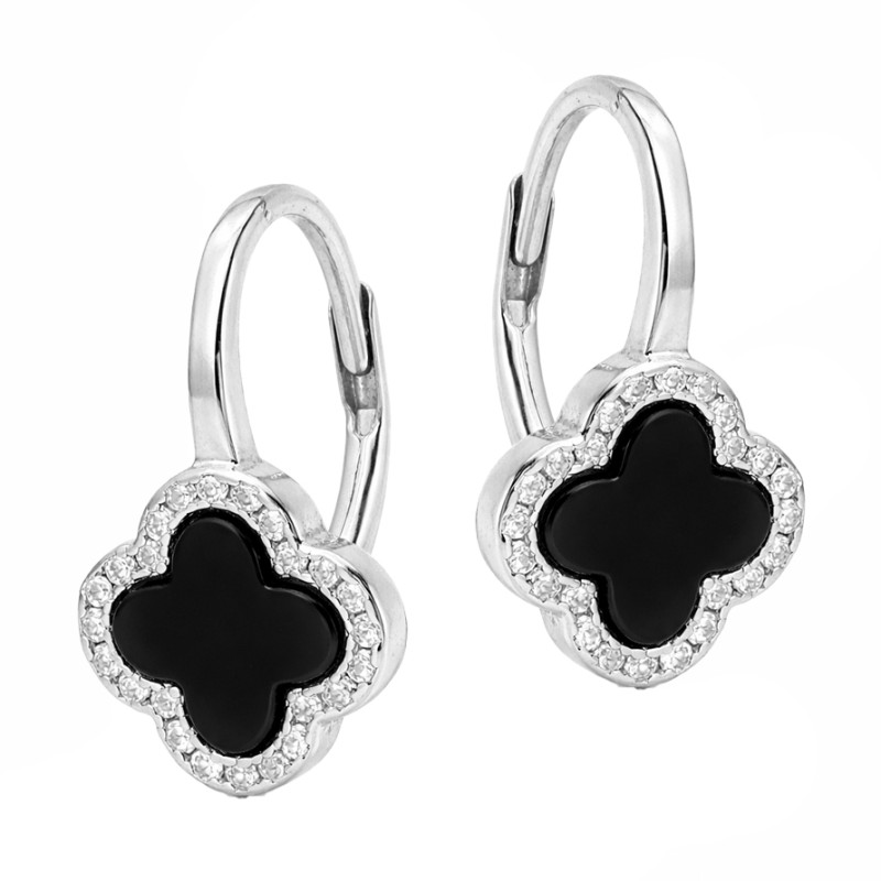 Kolczyki srebrne koniczyna z emalią i cyrkoniami, próba 925