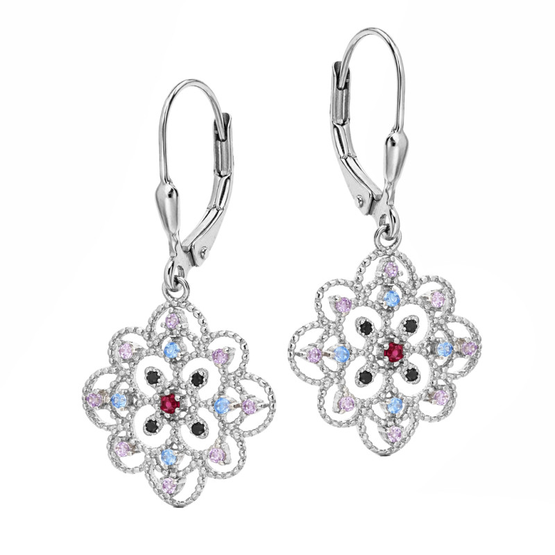 Kolczyki srebrne wisące ażurowe z kolorowymi cyrkoniami, próba 925