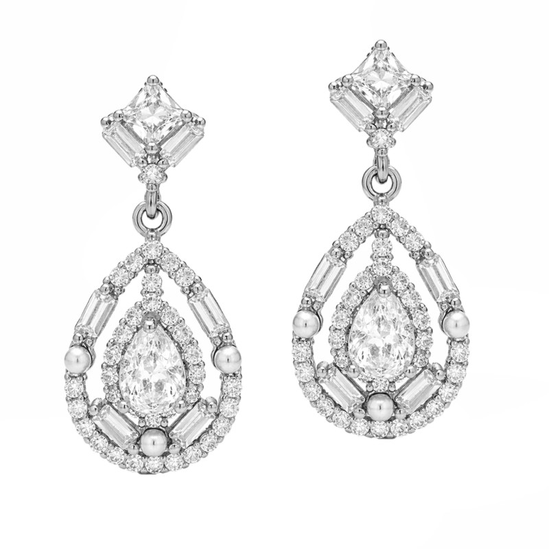 Kolczyki wiszące krople z cyrkoniami o różnym szlifie, srebro 925