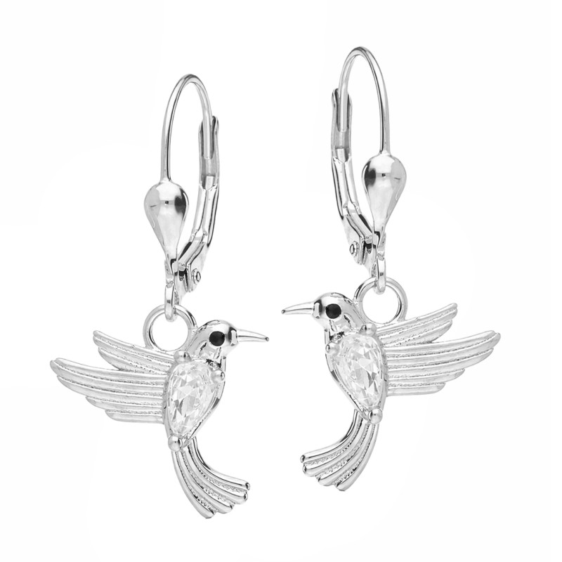 Kolczyki wiszące kolibry z cyrkonią białą, srebro 925