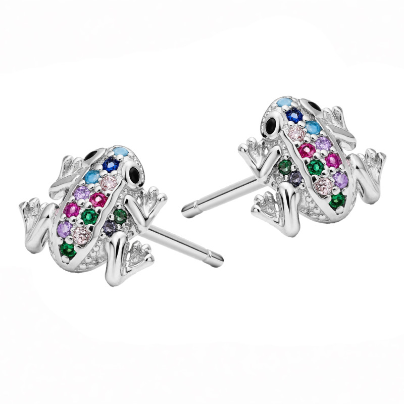 Kolczyki srebrne żaba z kolorowymi cyrkoniami, srebro 925