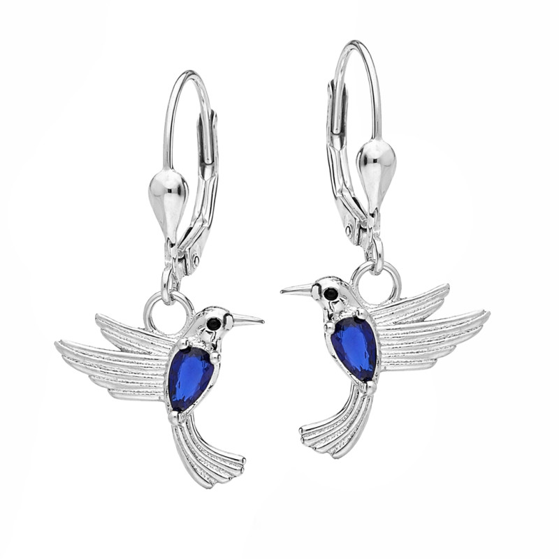 Kolczyki wiszące kolibry z cyrkonią szafirową, srebro 925