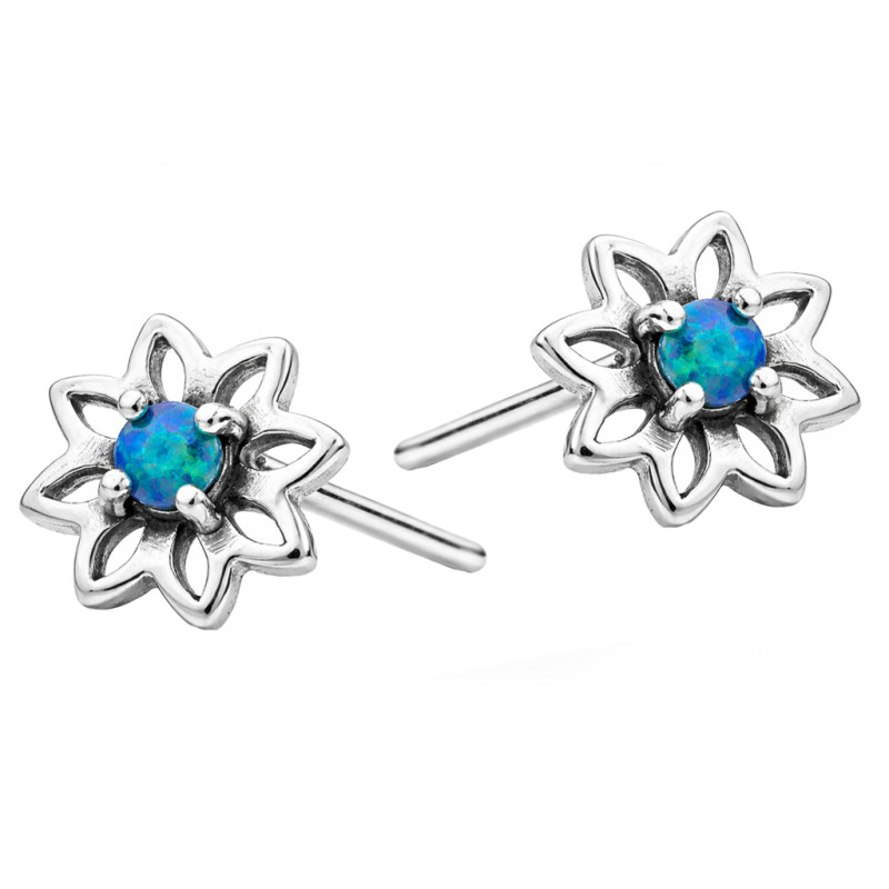 Kolczyki kwiatki ramka z opalem niebieskim jubilerskim, srebro 925