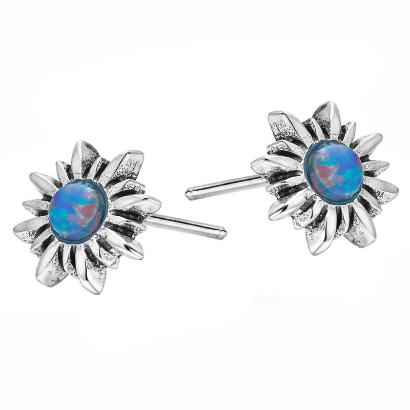 Kolczyki kwiatki z opalem niebieskim jubilerskim, srebro 925