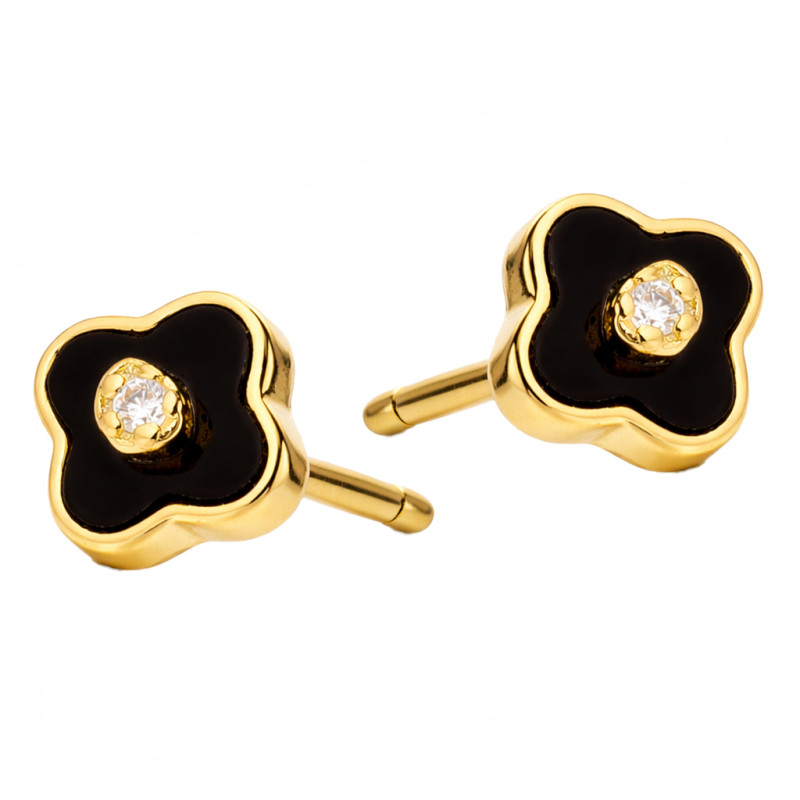Kolczyki koniczynki z czarną emalią z cyrkonią w środku, srebro 925 koloru złotego