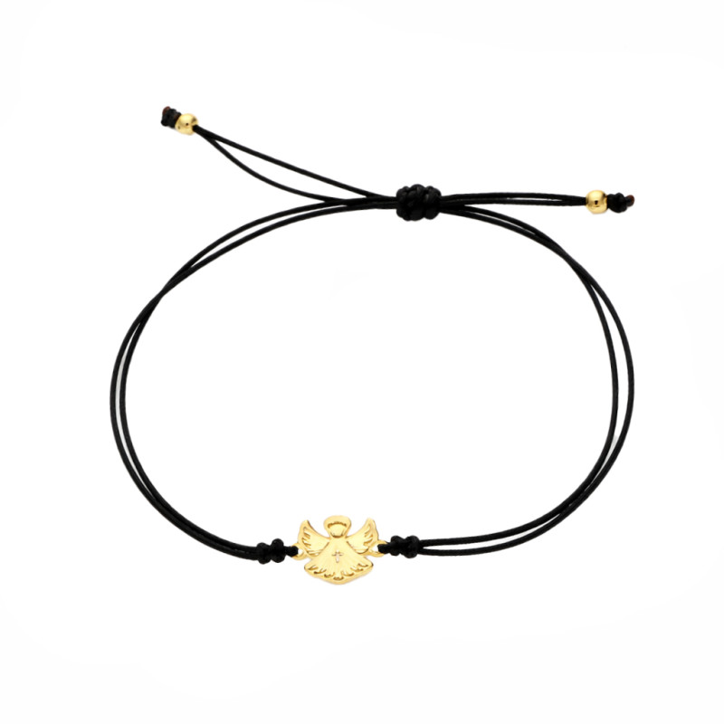 Bransoletka sznurkowa koloru czarnego ze złotym aniołkiem próby 585