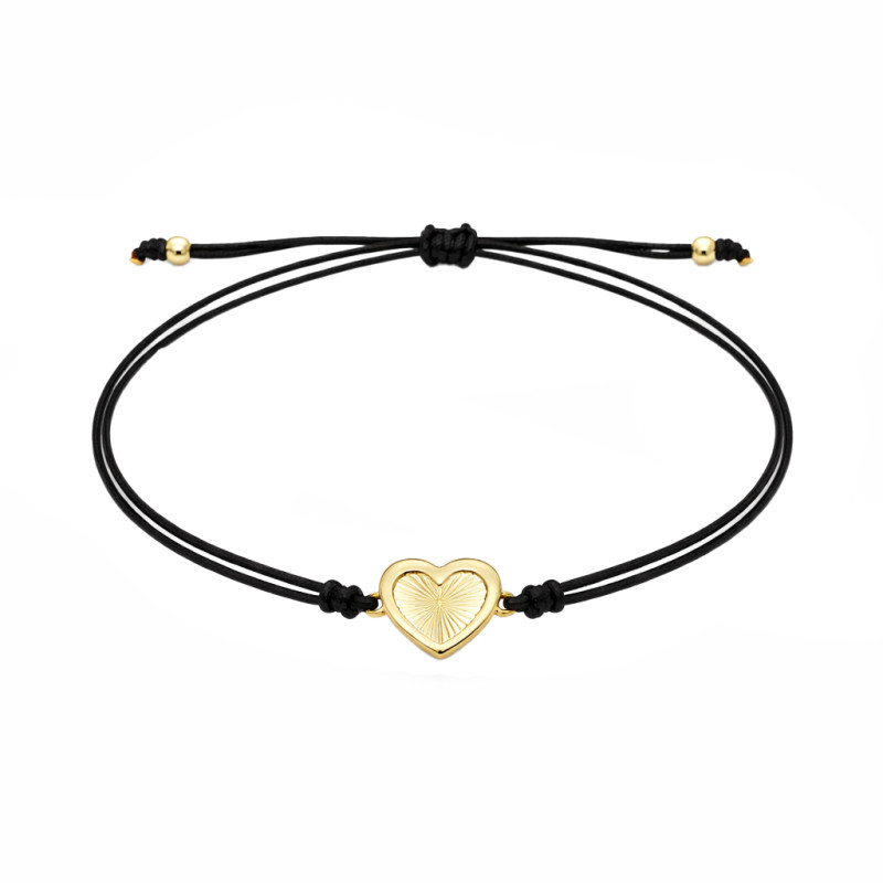 Bransoletka złota sznurkowa czarna z sercem diamentowanym ze złota 585