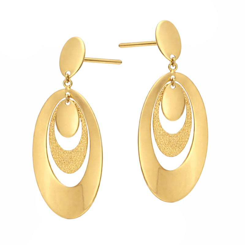 Kolczyki złote wiszące owalne blaszki z polerowanego i diamentowanego złota próby 585