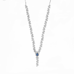 Naszyjnik srebrny Markiza łezka kolor szafirowy i cyrkonie w kształcie kłosa