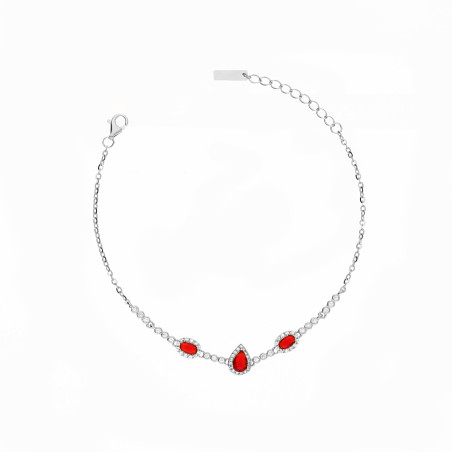 Bransoleta srebrna Markiza owal i łezka koloru czerwonego