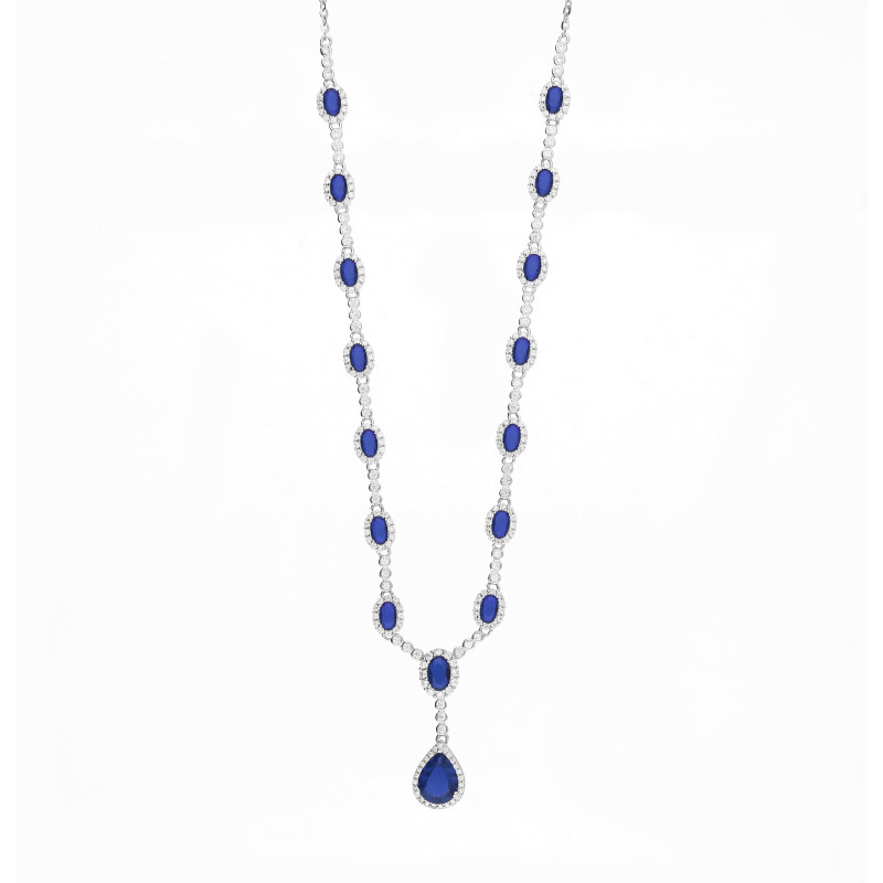 Naszyjnik srebrny Markiza owal i łezka z cyrkonią szafirową