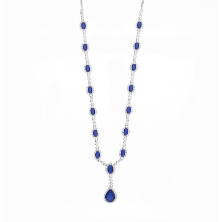 Naszyjnik srebrny Markiza owal i łezka z cyrkonią szafirową