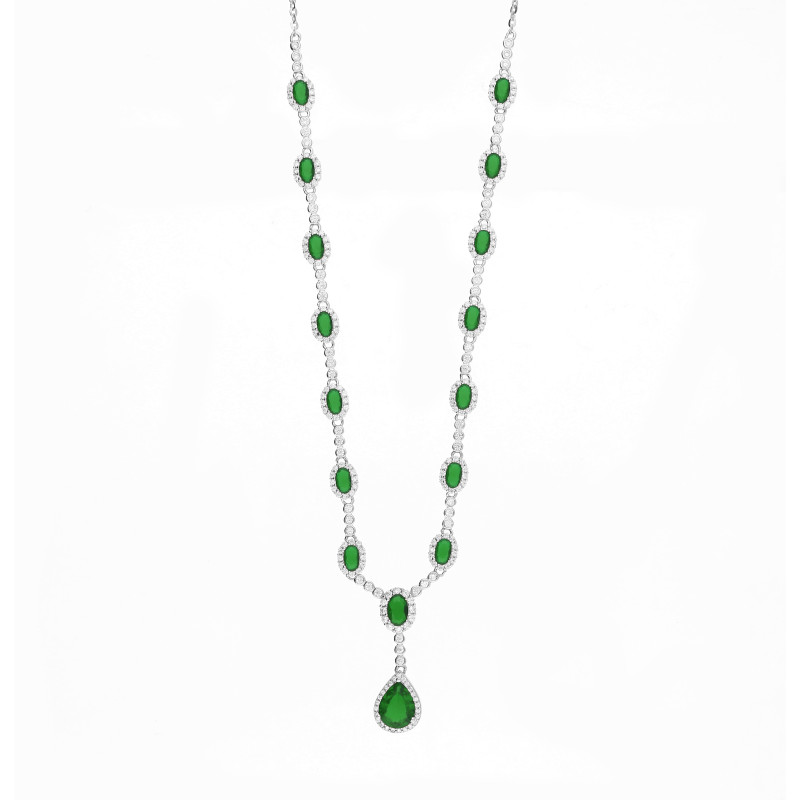 Naszyjnik srebrny Markiza owalna i łezka cyrkonia zielona
