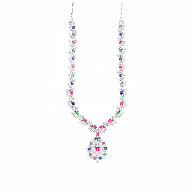 Naszyjnik srebrny kropla zdobiona kolorowymi cyrkoniami o szlifie bagieta