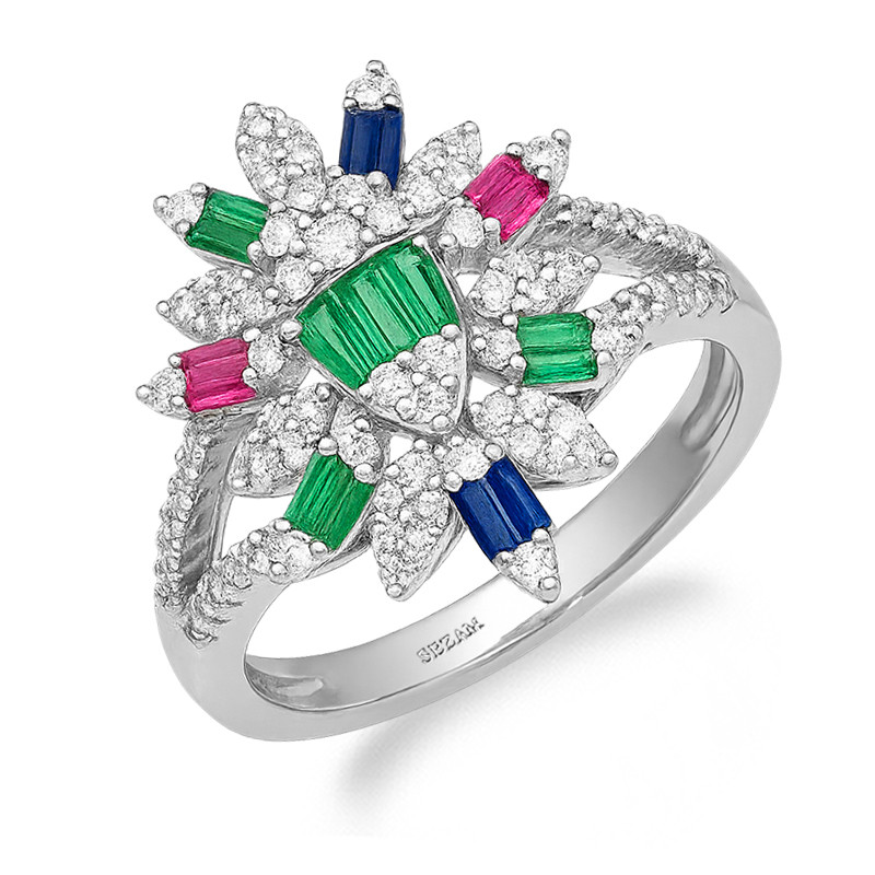 Pierścionek srebrny z kolorowymi cyrkoniami bagieta