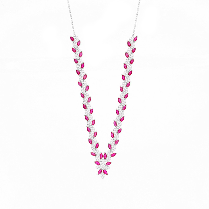 Naszyjnik srebrny z cyrkoniami białymi i w kolorze fuksji