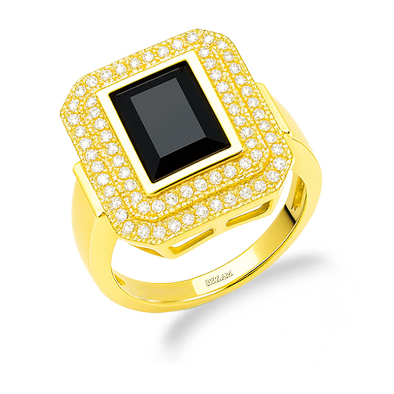 Pierścionek srebrny koloru złotego z czarnym agatem