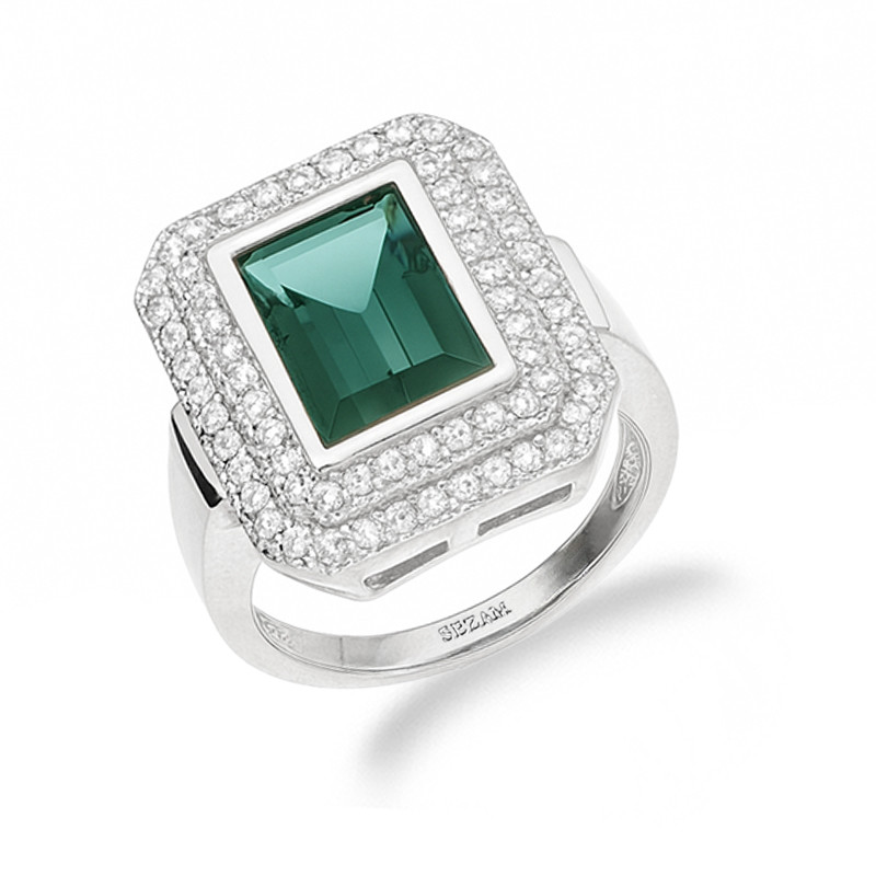 Pierścionek srebrny 925 prostokątna Markiza z kwarcem zielonym