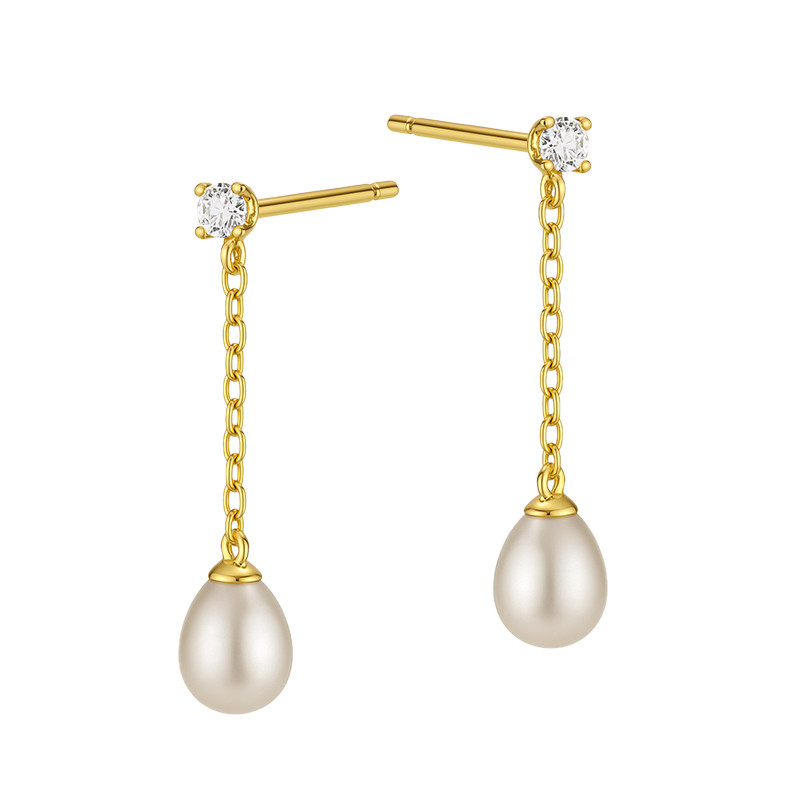 Kolczyki srebrne wiszące koloru złotego z naturalną perłą