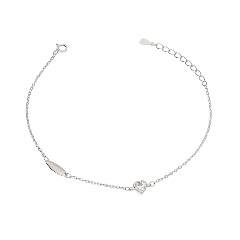 Delikatna srebrna bransoleta z sercem z cyrkonią i blaszką