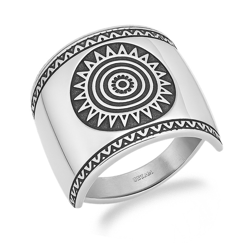 Pierścionek blaszka symbol słońca z oksydą srebro 925