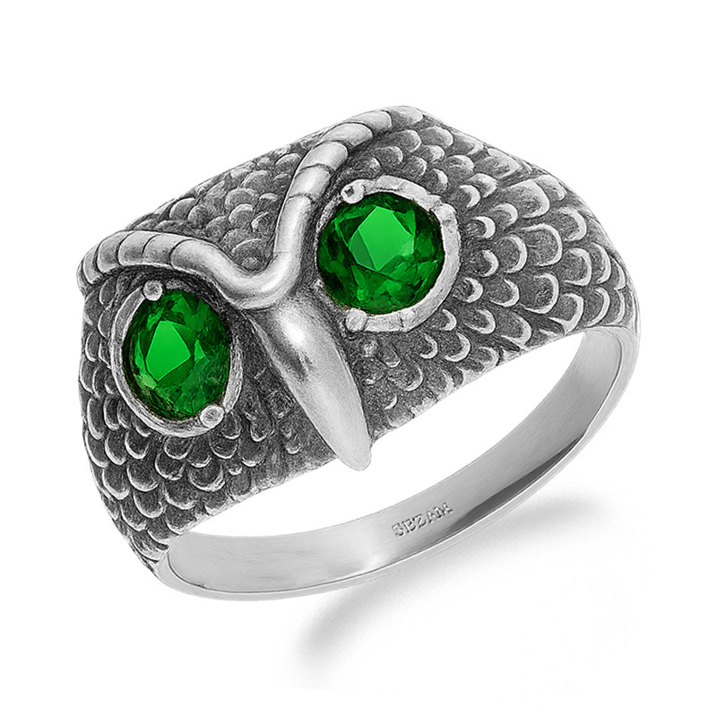 Pierścionek sowa oksyda z oczami z zielonej cyrkonii srebro 925