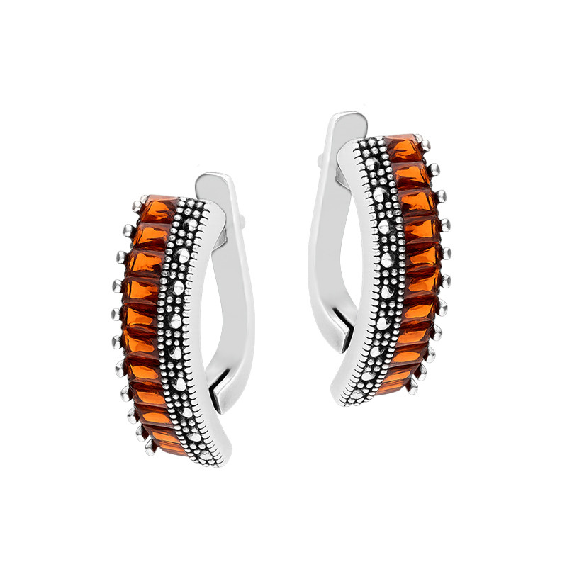 Kolczyki srebrne 925 oksydowane z markazytami i granatami jubilerskimi