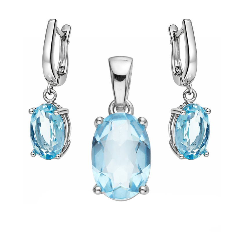 Komplet biżuterii srebrnej 925 kolczyki i wisiorek z topazem laboratoryjnym
