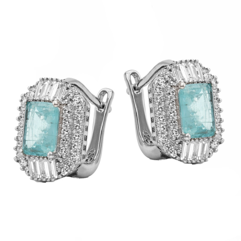 Komplet srebrnej biżuterii kolczyki i wisiorek z cyrkoniami białymi i błękitnymi próba 925