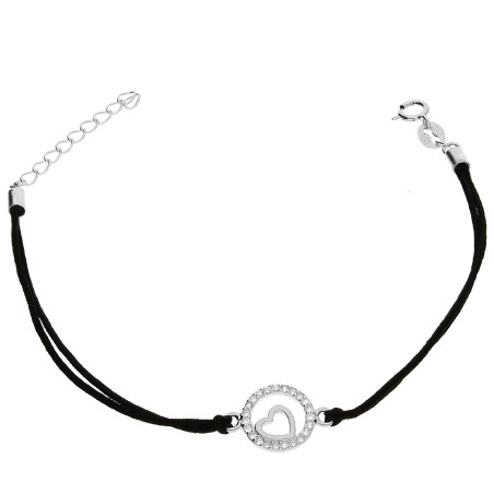 Bransoletka sznurkowa czarna z kółkiem i sercem ze srebra 925