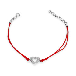 Bransoletka sznurkowa kolor czerwony z sercem z cyrkoniami, srebro 925