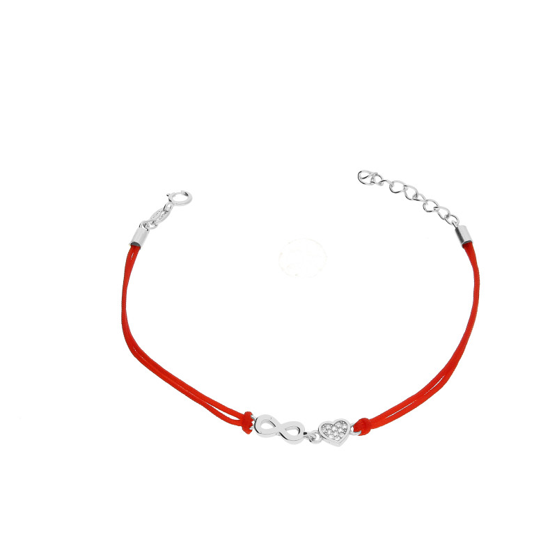 Bransoletka srebrna 925 infinity z sercem, sznurek czerwony