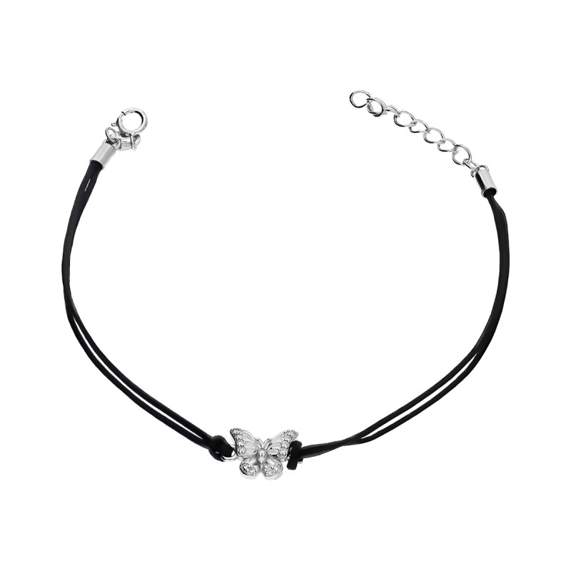 Bransoletka z motylkiem ze srebra 925 na czarnym sznurku