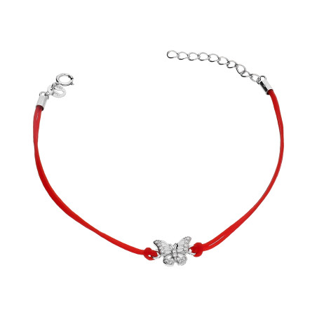 Bransoletka srebrna 925 motylek ażur na czerwonym sznurku