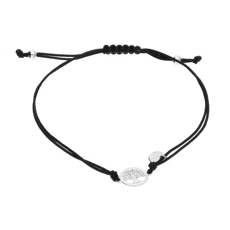 Bransoletka sznurkowa czarna z drzewem życia, srebro 925