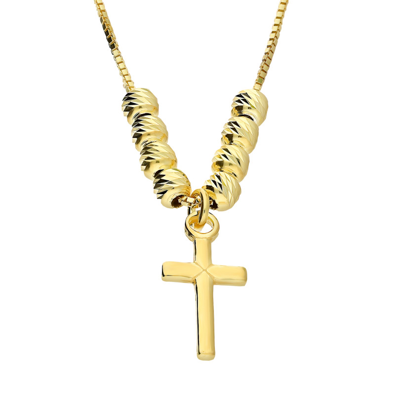 Naszyjnik srebrny koloru złotego gładki krzyż z diamentowanymi  kulkami