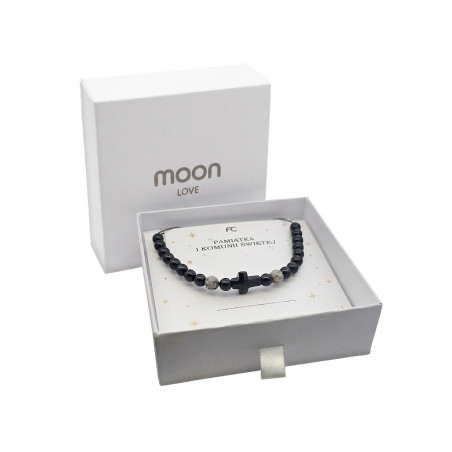 Bransoletka sznurkowa czarna z kamieniami i krzyżem