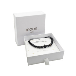 Bransoletka sznurkowa czarna z kulkami i krzyżem