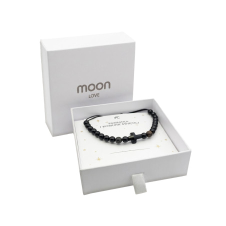 Bransoletka sznurkowa czarna z kulkami i krzyżem