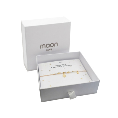 Bransoletsznurkowa beżowa z perełkami i medalikiem ze srebra 925 koloru złotego