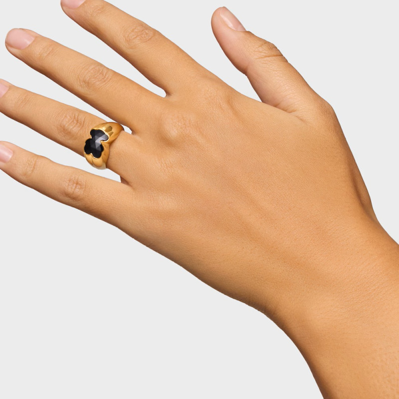 Pierścionek ze srebra pokrytego 18-karatowym złotem z motywem misia z onyksu TOUS Icon Color