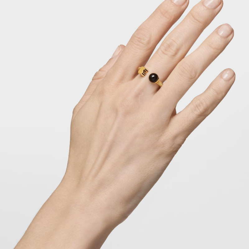 Pierścionek otwarty złotego koloru ze stali z onyksem TOUS Icon Mesh