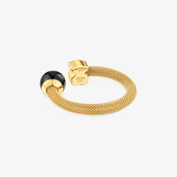 Pierścionek otwarty złotego koloru ze stali z onyksem TOUS Icon Mesh