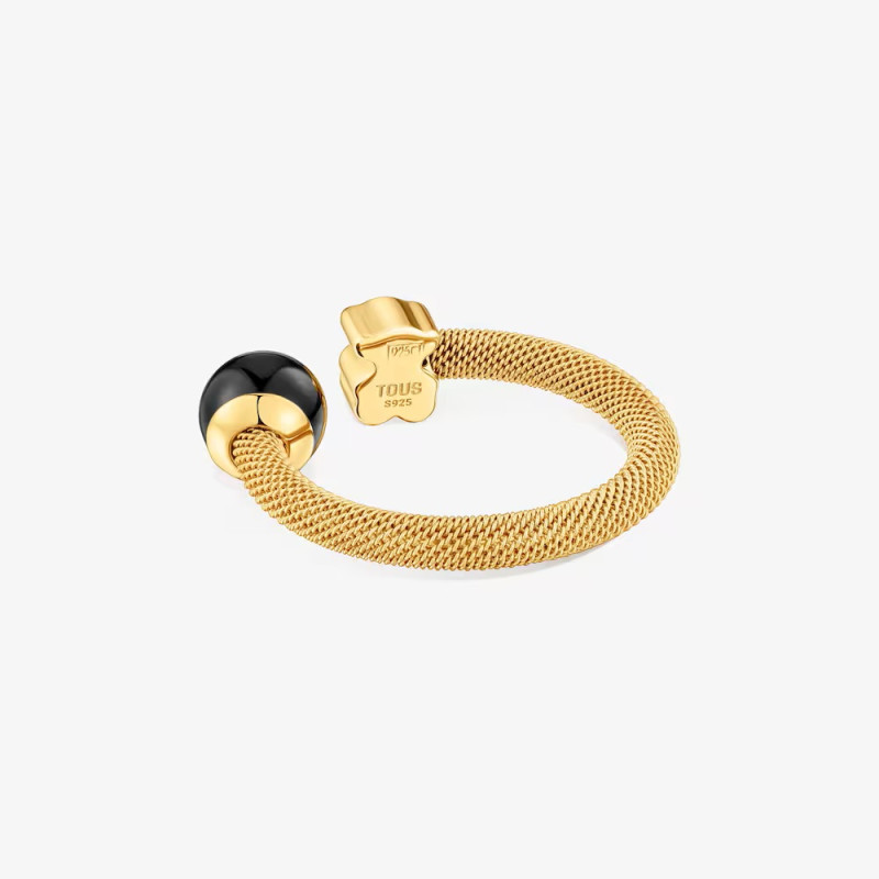 Pierścionek otwarty złotego koloru ze stali z onyksem TOUS Icon Mesh